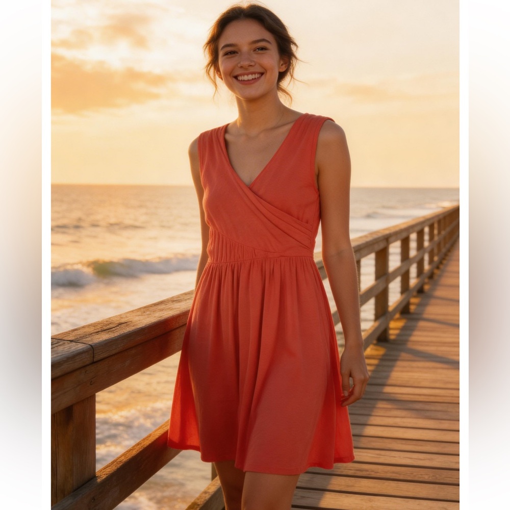 Garnet Hill Women's Coral Cotton blend 
Ruched Faux Wrap Dress Midi Grecian